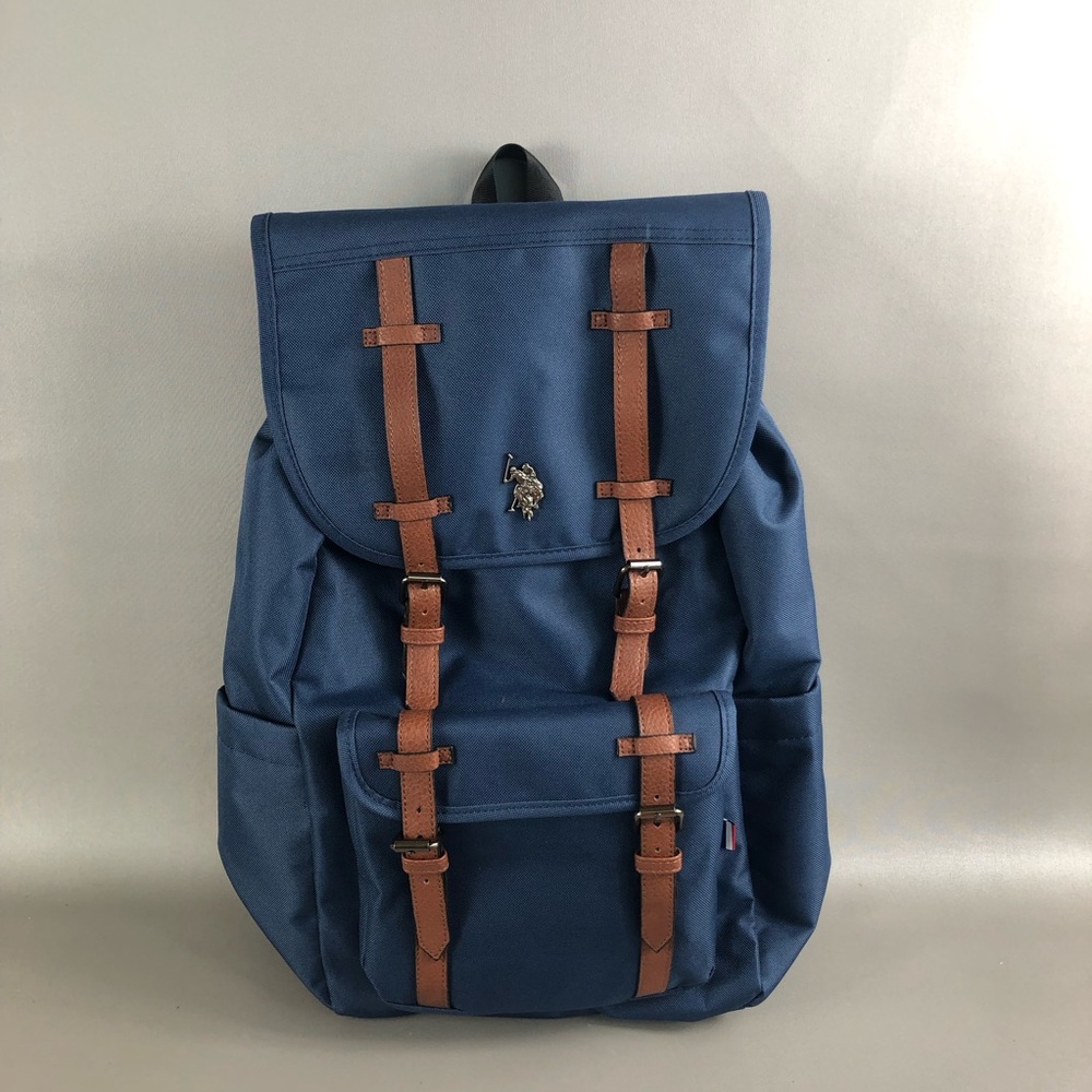 U.S Polo Assn. Unisex Top Loader Navy Blue Canvas Backpack with Brown Straps